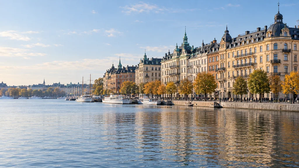 Stockholmsinspirerad vattenfront med ljusa stenfasader och höstträd i kvällssol.