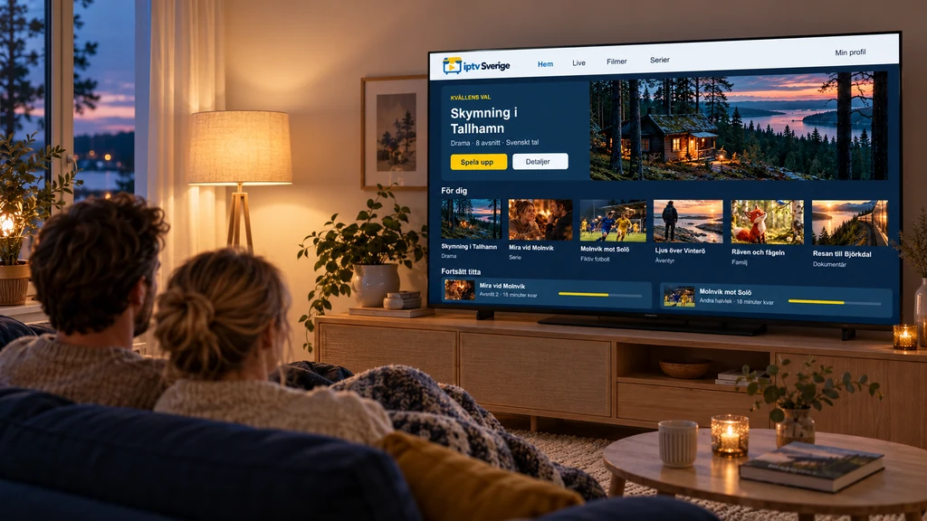Två personer ser på TV i ett varmt belyst vardagsrum en kväll.