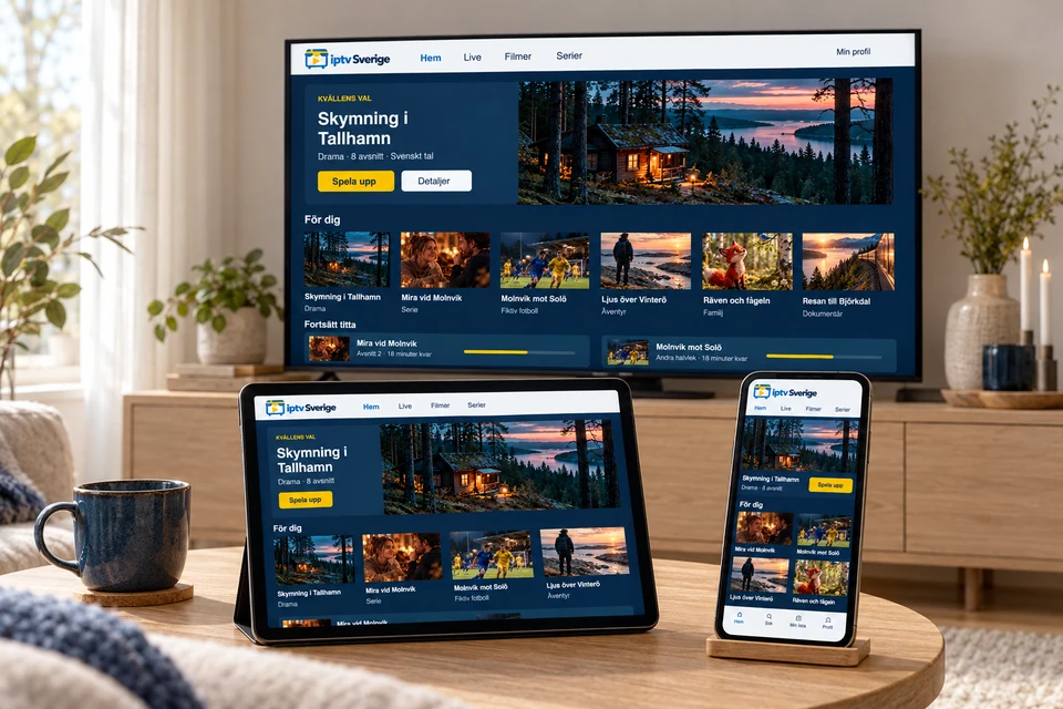 TV, surfplatta och mobil som visar samma innehållsbibliotek från iptv Sverige.