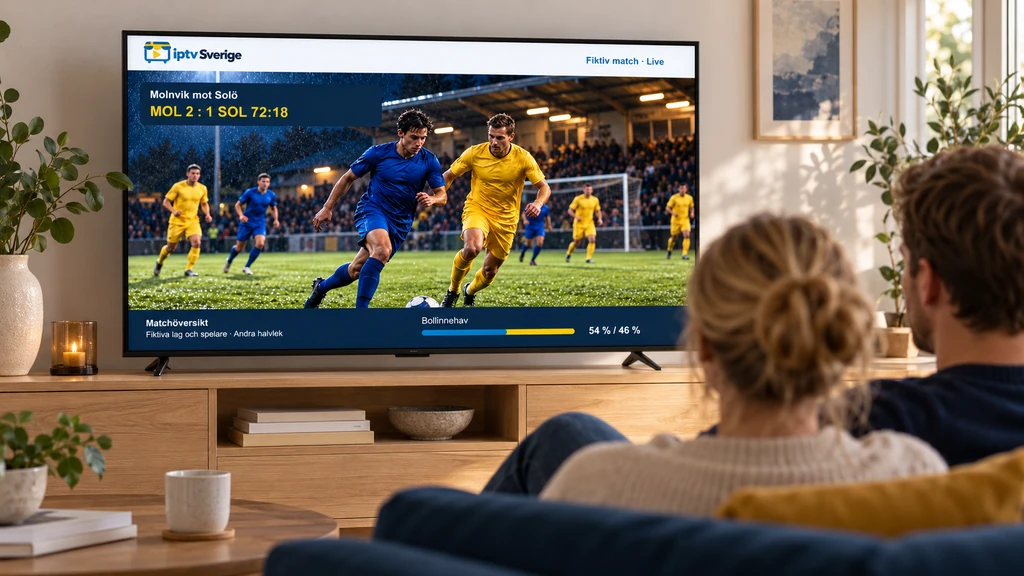 TV som visar en fiktiv fotbollsmatch mellan lag i blå och gula tröjor.