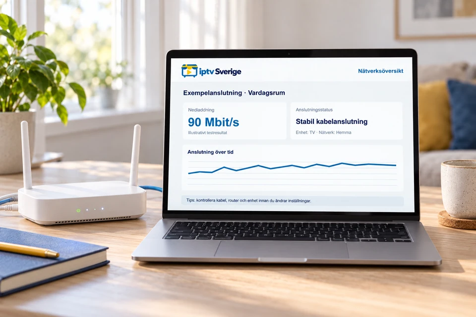 Router och bärbar dator som visar ett exempel på en kontroll av hemanslutningen.