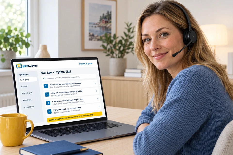 En person med headset vid en bärbar dator som visar hjälpcentret för iptv Sverige.