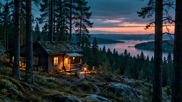 Stuga i en skog vid en sjö i skymningen.