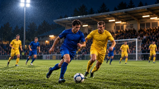 Fiktiva fotbollsspelare i blå och gula tröjor under en kvällsmatch.