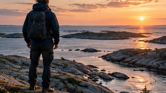 En vandrare står på en klippig kust i solnedgången.