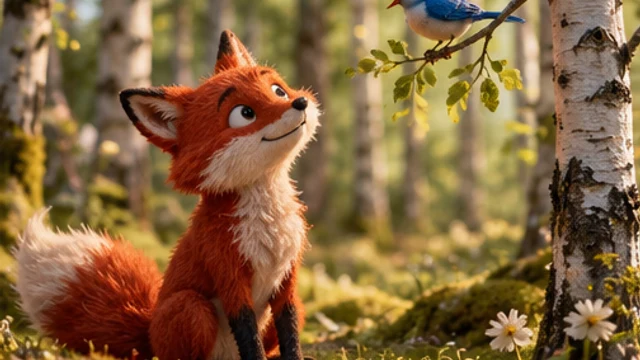 En animerad räv och en blå fågel i en björkskog.