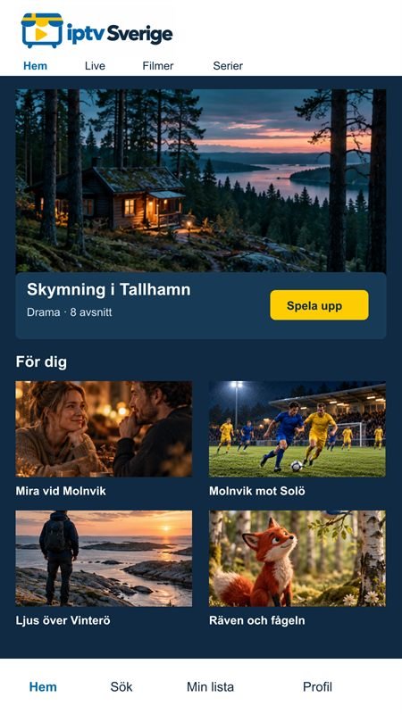 Fiktivt innehållsbibliotek från iptv Sverige i mobilen.