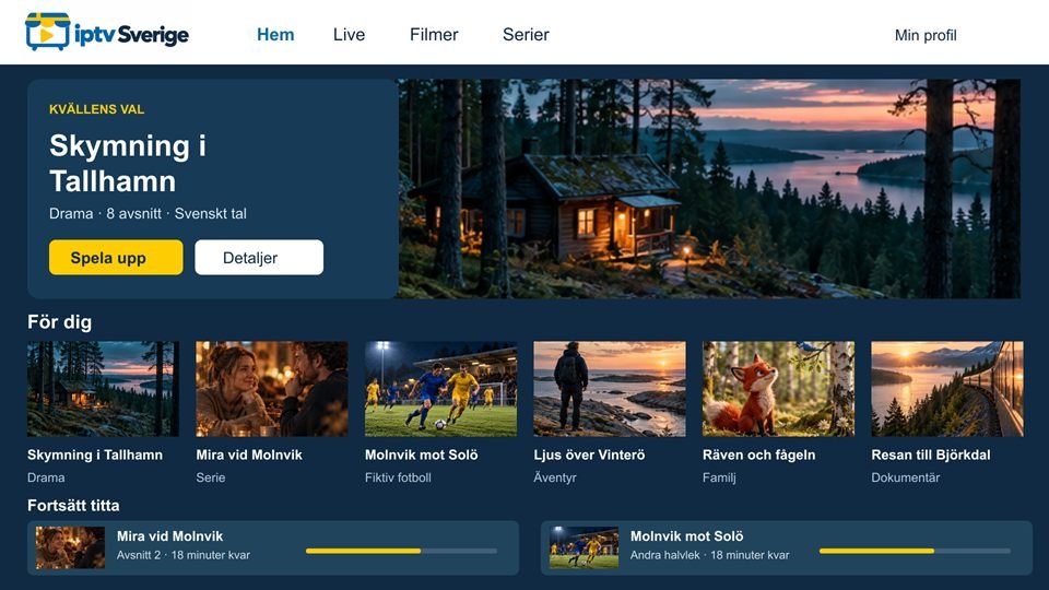 Fiktivt TV-gränssnitt från iptv Sverige med startsida, rekommendationer och Fortsätt titta.